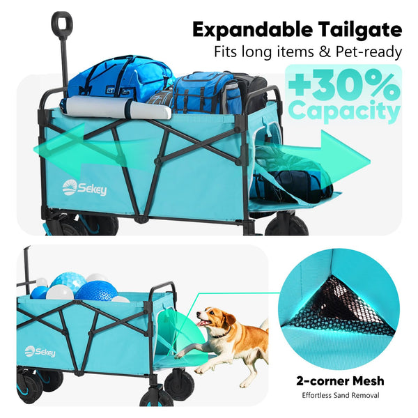 Sekey 332L Folding Festival Trolley with Expandable Tailgate, Patented Design Beach Cart - Diamond Collapsible, Wide All-Terrain Wheels, Brake, 350LB Load Capacity Heavy Duty Wagon for Camping, Black