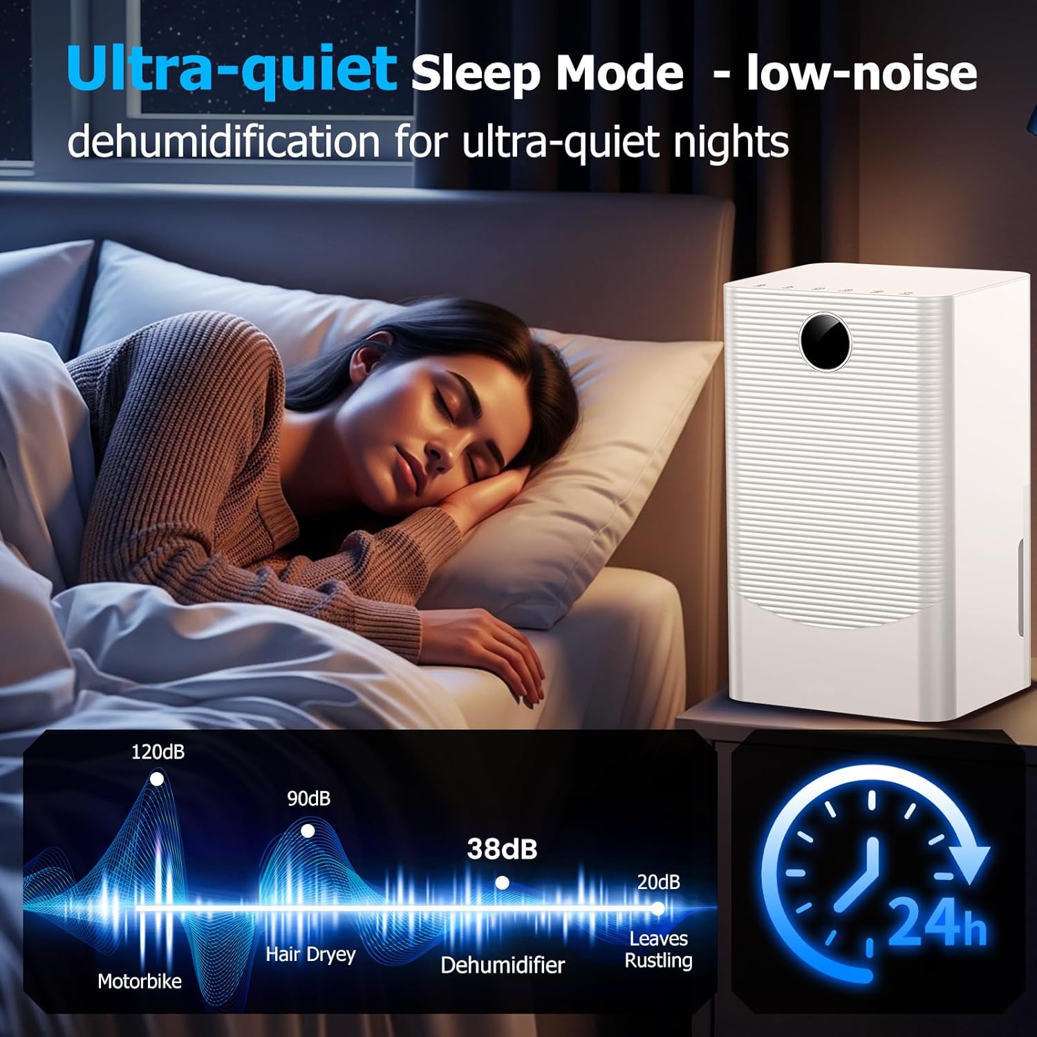 12L/Day Dehumidifier with Humidity Sensor & Display and 24-Hour Timer, 3 Dehumidification Modes, Suitable Bedrooms, Office, Basements, Continuous Draining, White