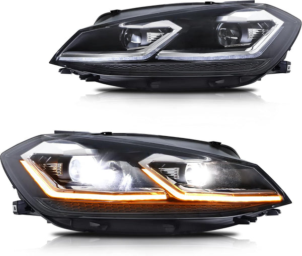 VLAND Headlights for Golf 7.5 MK7.5 2017-2020 Front Lights with Sequential Indicator, not fit GTI/R line/MK7, not include bulbs, E-mark, One Pair