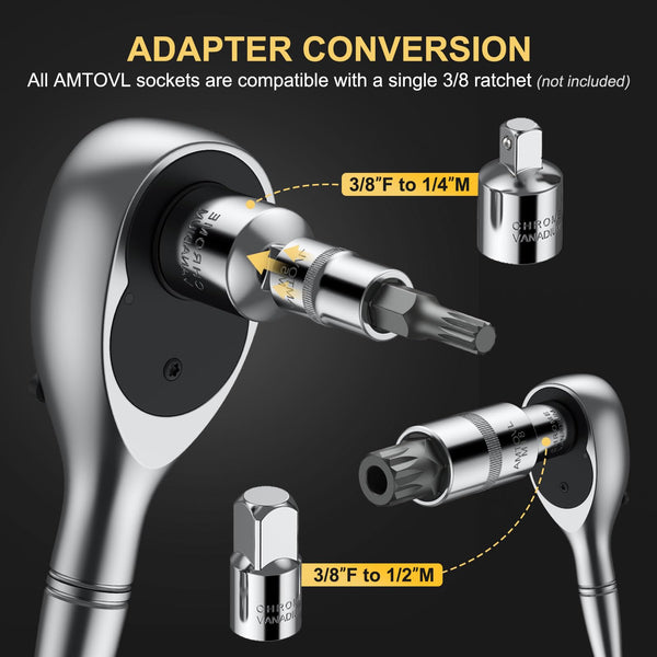 AMTOVL 15-Piece Triple Square Spline Bit Socket Set - S2 Alloy Steel & 50BV30 CRV XZN Bits - Includes 1/4", 3/8", 1/2" Drive Sizes (4,5,6,8,9,10,16,18mm) with Adapter - Fit for Automotive & DIY
