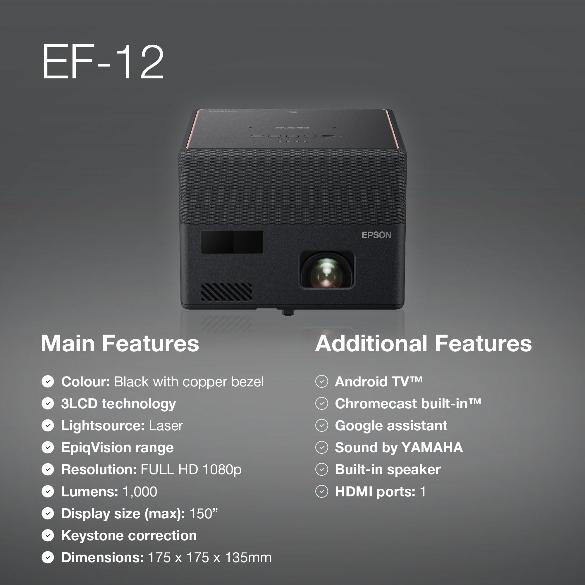 Epson EF-22N Mini Smart 3LCD Projector with Pan & Tilt Stand, Full HD,1000 Lumens,150 Inch Display with HDR, Google TV, Dolby Atmos Sound, Gaming & Home Cinema Laser Projector - Metallic Midnight Blue