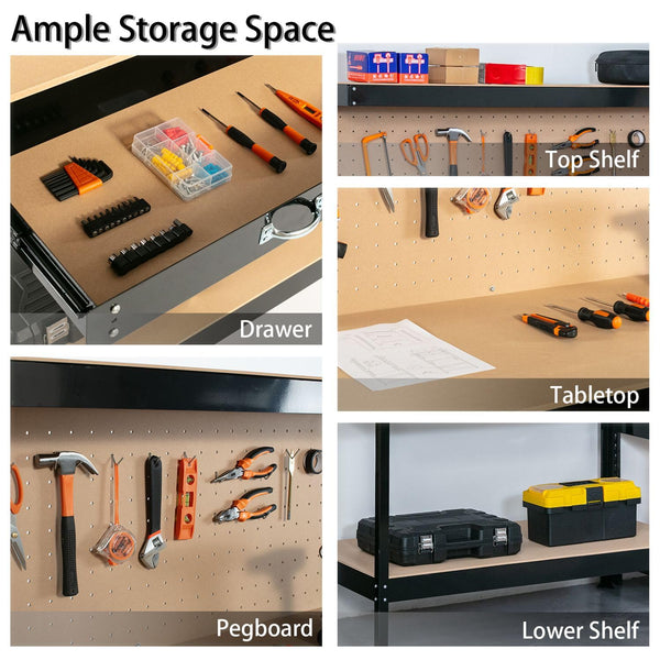 SwitZer New Red Steel Garage Tool Box Toolbox Work Bench Workbench Storage With Drawers Pegboard and 20 Pegs Shelf DIY Workshop Station