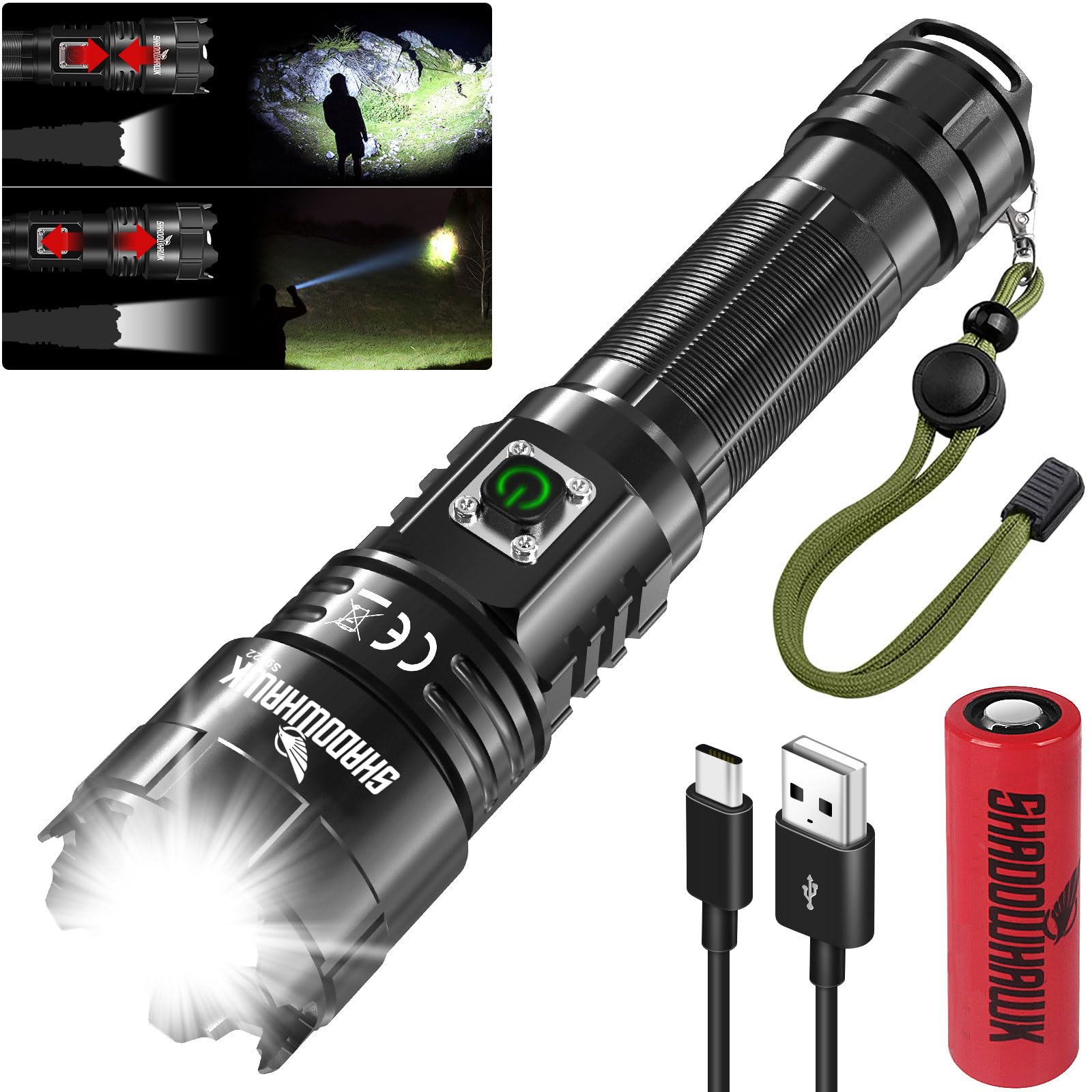 Shadowhawk Torches LED Super Bright, 500000 Lumens Rechargeable LED Torch, USB Tactical Flashlight, XHP70.2, IP67 Waterproof, 5 Light Modes Zoomable, for Camping Hiking Emergency