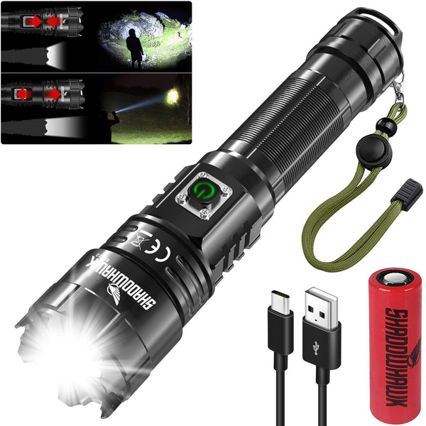 Shadowhawk Torches LED Super Bright, 500000 Lumens Rechargeable LED Torch, USB Tactical Flashlight, XHP70.2, IP67 Waterproof, 5 Light Modes Zoomable, for Camping Hiking Emergency