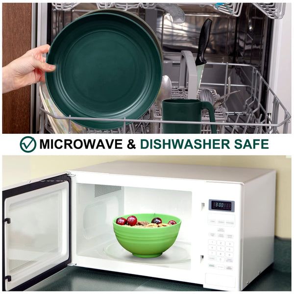 Greentainer Unbreakable Plastic Dinnerware Sets, 24PCS Lightweight Camping Tableware, Microwave& Dishwasher Safe Plates Set, Bowls, Cups Mugs, Service