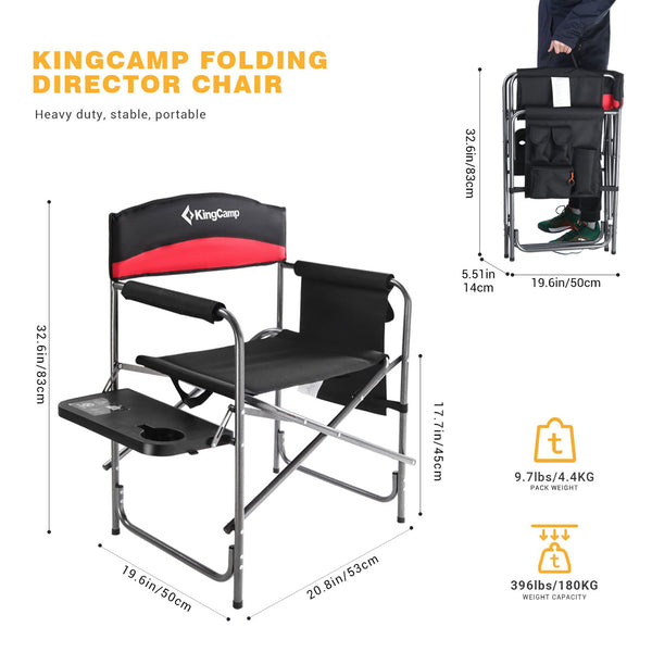 KingCamp Folding Camping Chairs for Adluts Heavy Duty Directors Chair with Cooler Bag and Side Table Support up to 150KG