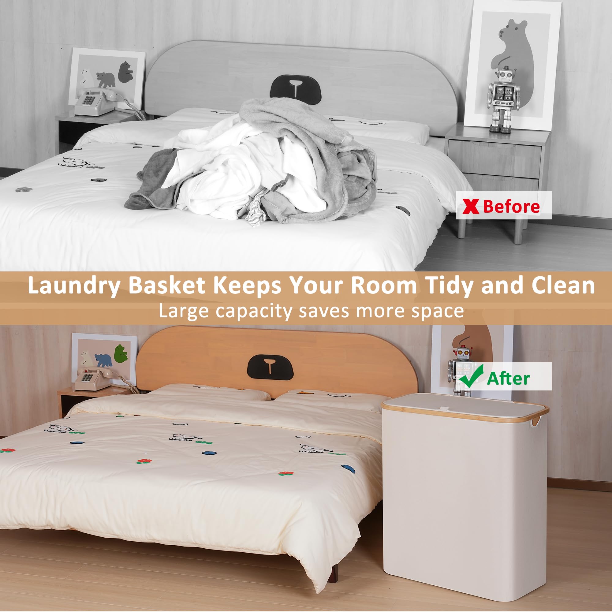 iEGrow Washing Basket for Laundry 150L XLExtra Large 2 Compartments Laundry Basket with Bamboo Handle and Lid, Dirty Clothes Storage Folable Laundry