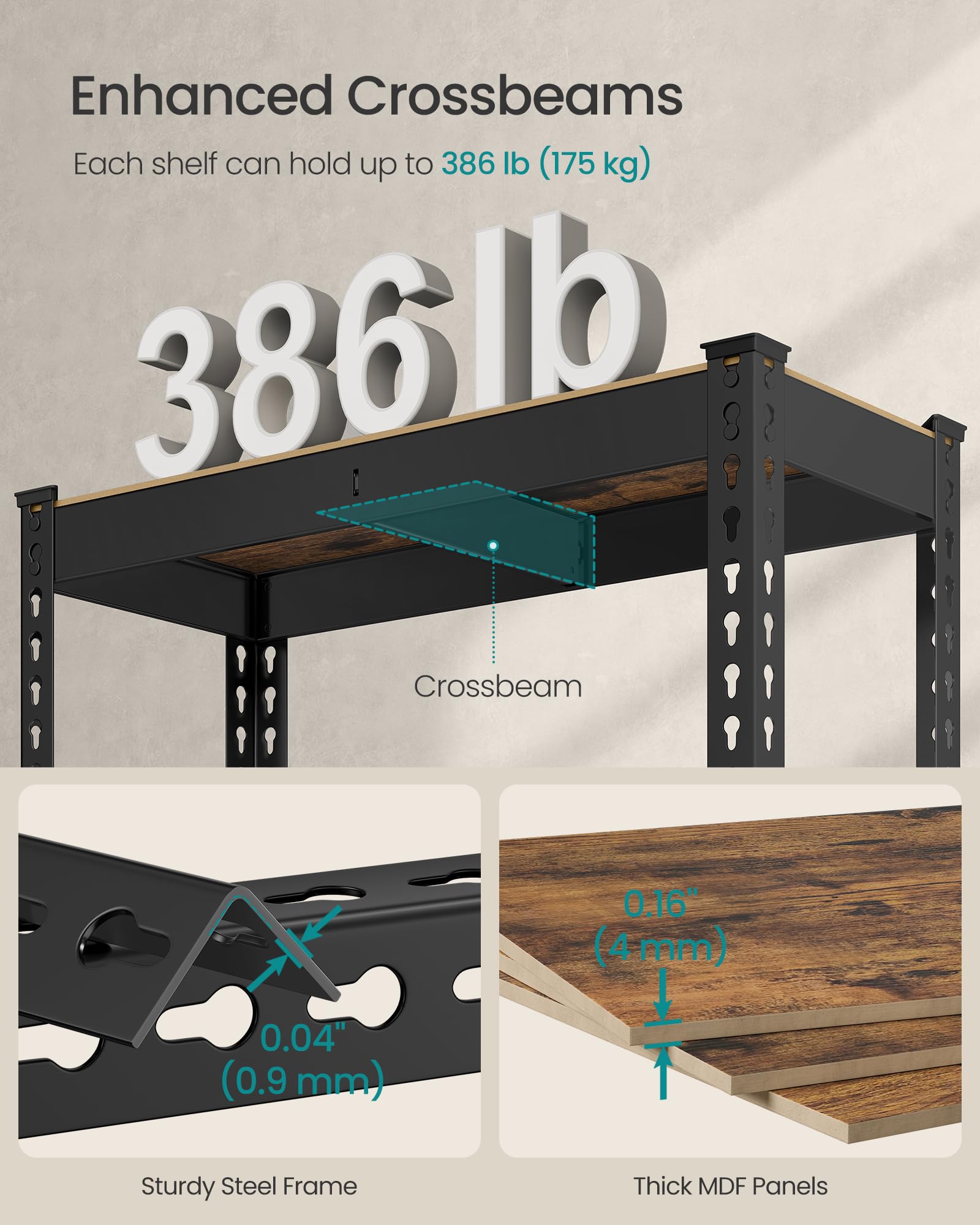 SONGMICS 5-Tier Shelving Unit, Storage Shelves, for Garage, Boltless Assembly, Adjustable Shelves, 30 x 75 x 150 cm, Load 875 kg, for Shed Warehouse Basement Kitchen, Black GLR300B01