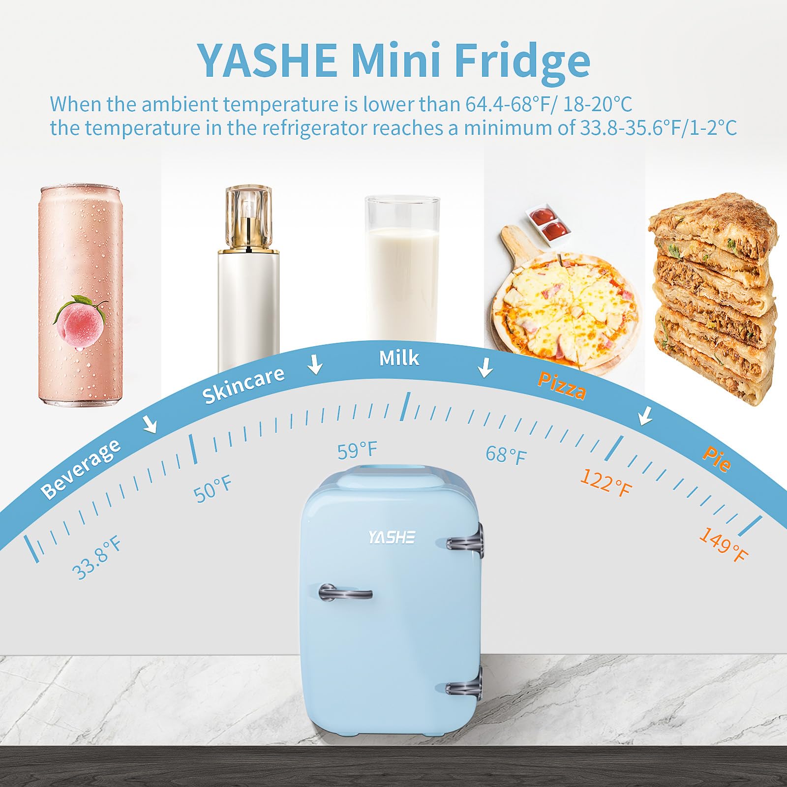 YASHE Mini Fridge for Bedroom, 4 Liter/6 Cans Small Fridge, AC/DC Thermoelectric Cooler and Warmer Mini Fridge for Drink Office Dorm Car, Blue