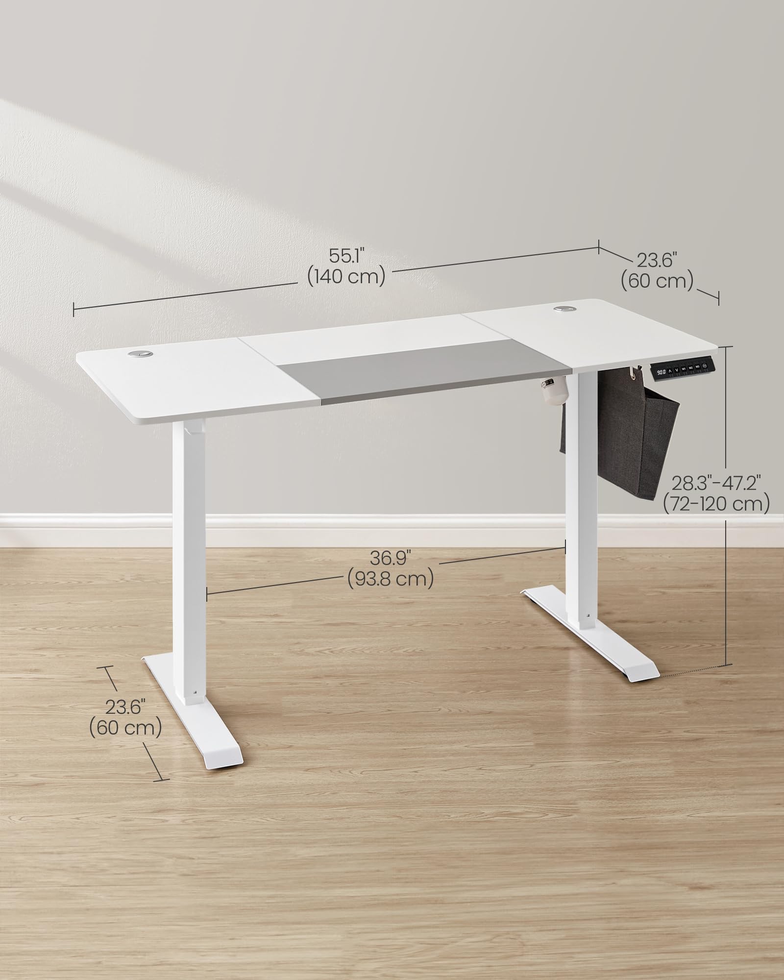 VASAGLE Electric Standing Desk, Height Adjustable Desk, 60 x 140 x (72-120) cm, 4 Memory Heights, Storage Pocket, for Home Office, Study, Rustic Brown and Ink Black LSD134K02