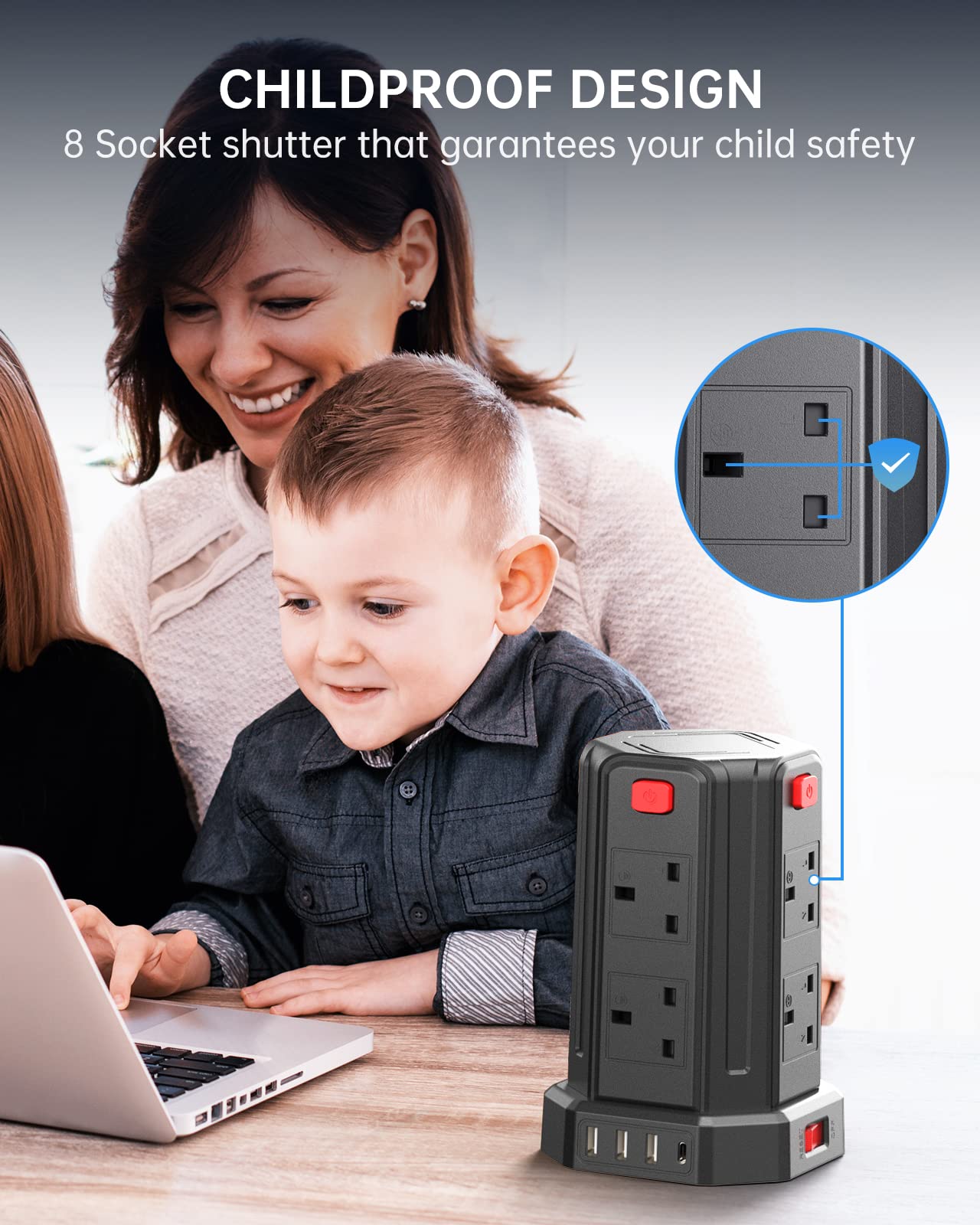 Tower Extension Lead, (3250W 13A) Extension Tower 8 AC Outlets & 4 USB Ports, Surge Protection Extension Lead with 4 Independent Switch, 17W USB C Ports Extension Cable 3M for Office, Home, Kitchen