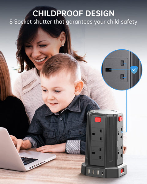 Tower Extension Lead, (3250W 13A) Extension Tower 8 AC Outlets & 4 USB Ports, Surge Protection Extension Lead with 4 Independent Switch, 17W USB C Ports Extension Cable 3M for Office, Home, Kitchen