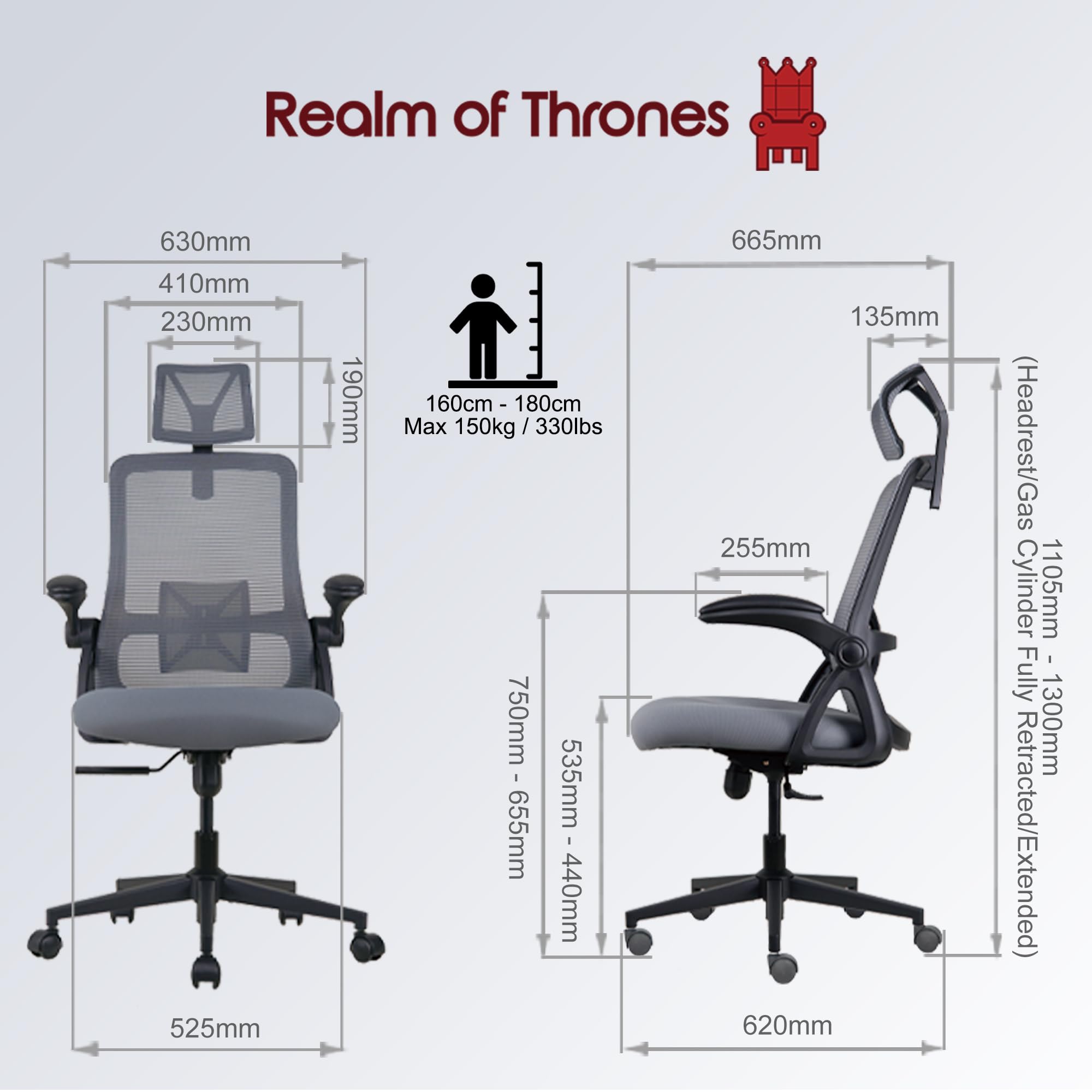 Realm of Thrones CAPTAIN Ergonomic Office Chair for Home, Heavy Duty Steel Base, Versatile Flip-up Armrests, Adjustable Lumbar Support, Mesh Back Comfort Cushion Seat for Computer Desk/Gaming (Black)