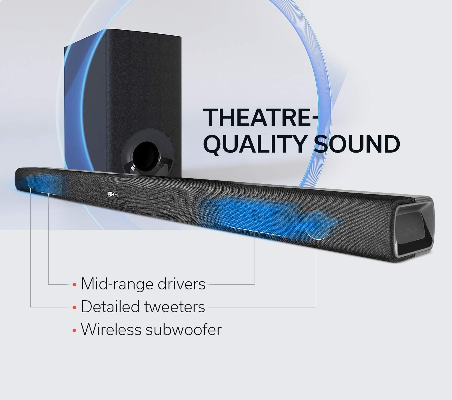 Denon DHT-S316 Soundbar and Wireless Subwoofer for Surround Sound, Bluetooth Sound Bar with Dolby Digital, DTS Decoding, Dialogue Enhancer, HDMI ARC, Wall Mountable, Music Streaming