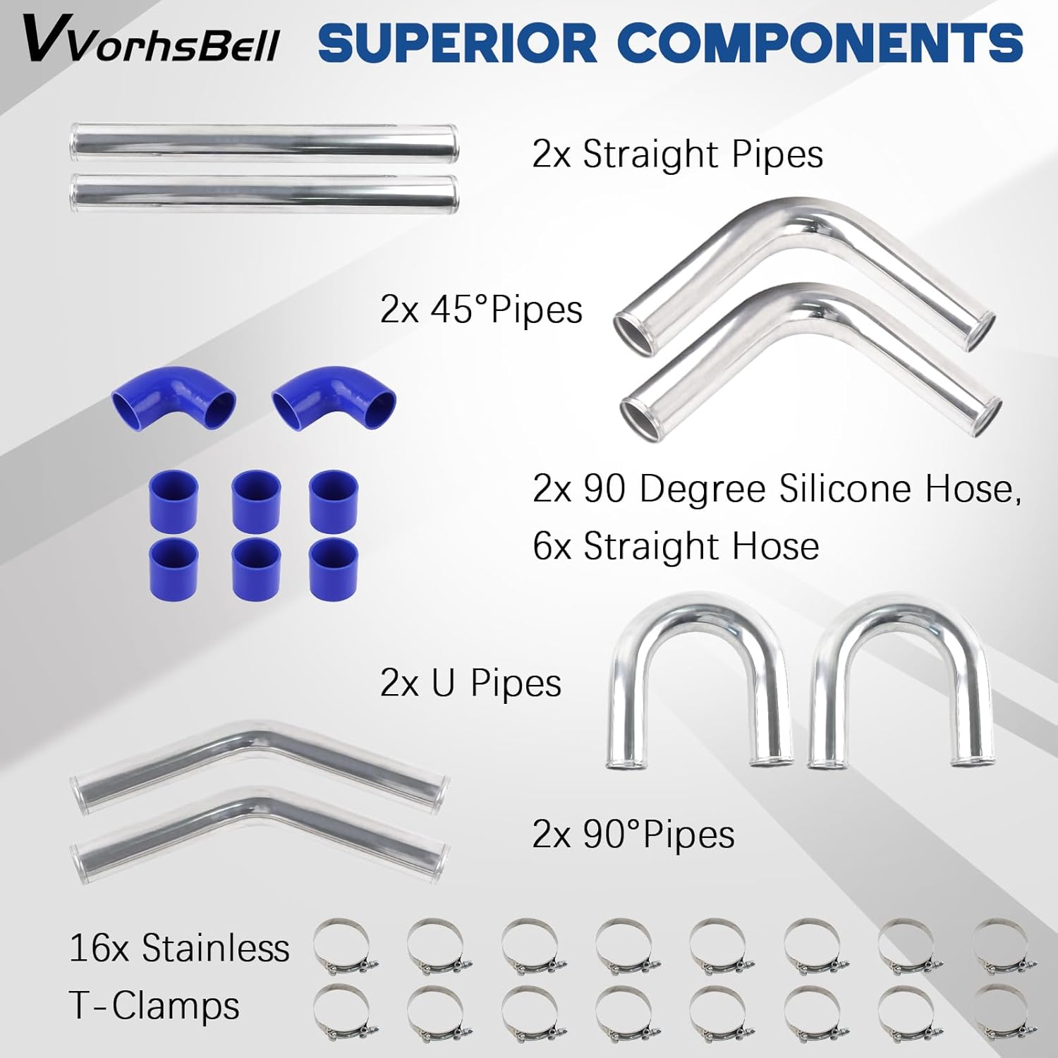 VVORHSBELL 2.5" Turbo Intercooler Pipe Universal Aluminum Turbo Intercooler Piping Set with Silicone Hoses & T-Clamps for Car Modifications (Diesel/Gas)