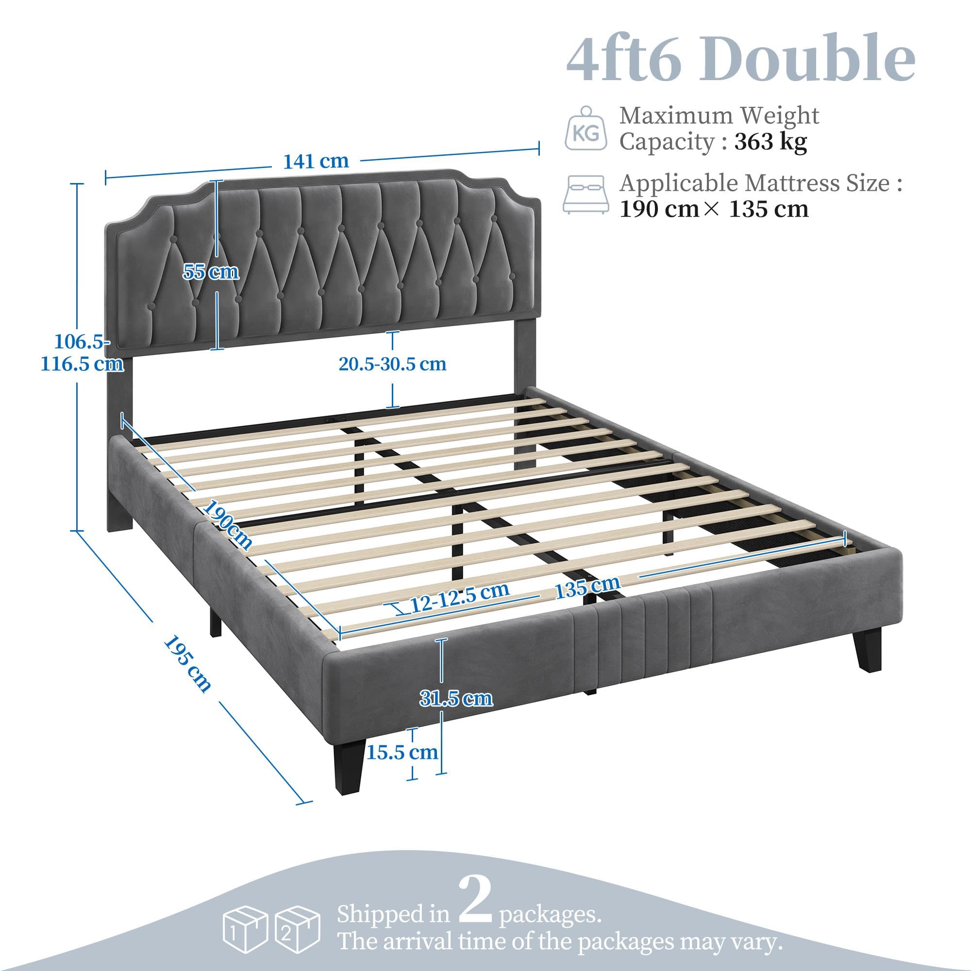 Yaheetech 5ft King Bed Frame Upholstered Platform Bed with Adjustable Button Tufted Headboard/Velvet Fabric/Sturdy Wooden Slat Support/No Box Spring Needed, Dark Grey King Bed