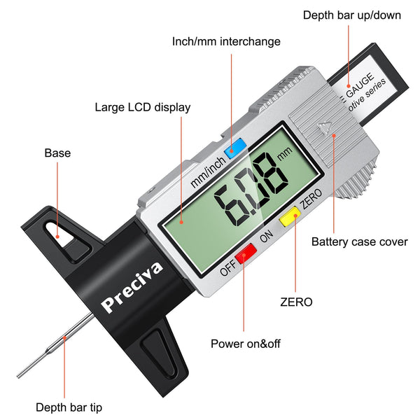 Tyre Tread Depth Gauge, Preciva Silver 0-25.4mm/Inch Digital Tire Checker UK, Tyres Depths Measuring Tool with Large LCD Screen for Cars, Trucks, Vans