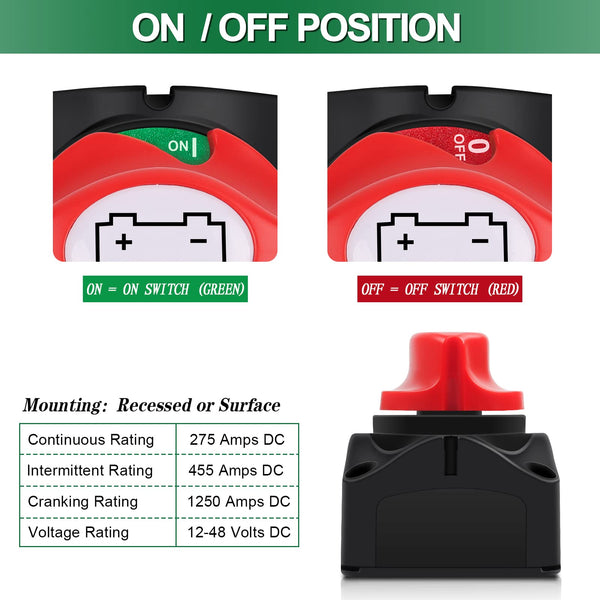 Bolatus Battery Isolator Switch 12V 24V 48V Battery Switch 275A Battery Kill Switch 1-2-Both-OFF Battery Cut Off Switch for Car Truck Boat Yacht Caravan Motorcycle