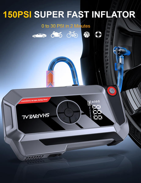 SHARMEAL 6000A Portable Car Battery Booster (all Gas/10L Diesel), Jump Starter Power Pack with 150PSI Air Compressor, 12V Car Jump Starter Power Bank with Jump Leads, LCD Screen, Emergency Light