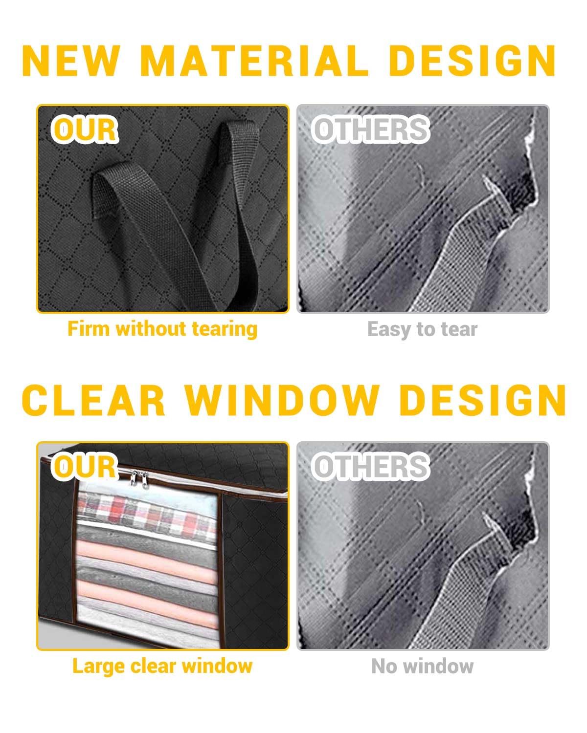 KALAHOL 90L Large Capacity Clothes Storage Bags with Zips, Storage Boxes with Lids, Reinforced Handle, Foldable, Thick Fabric, for Comforters, Clothes, Blankets, Bedding, 4 Pack, Dark Grey