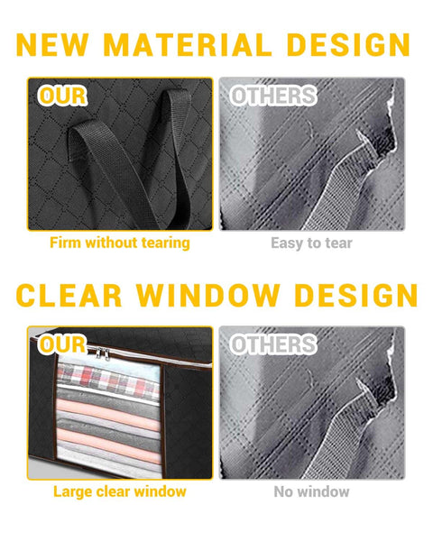 KALAHOL 90L Large Capacity Clothes Storage Bags with Zips, Storage Boxes with Lids, Reinforced Handle, Foldable, Thick Fabric, for Comforters, Clothes, Blankets, Bedding, 4 Pack, Dark Grey