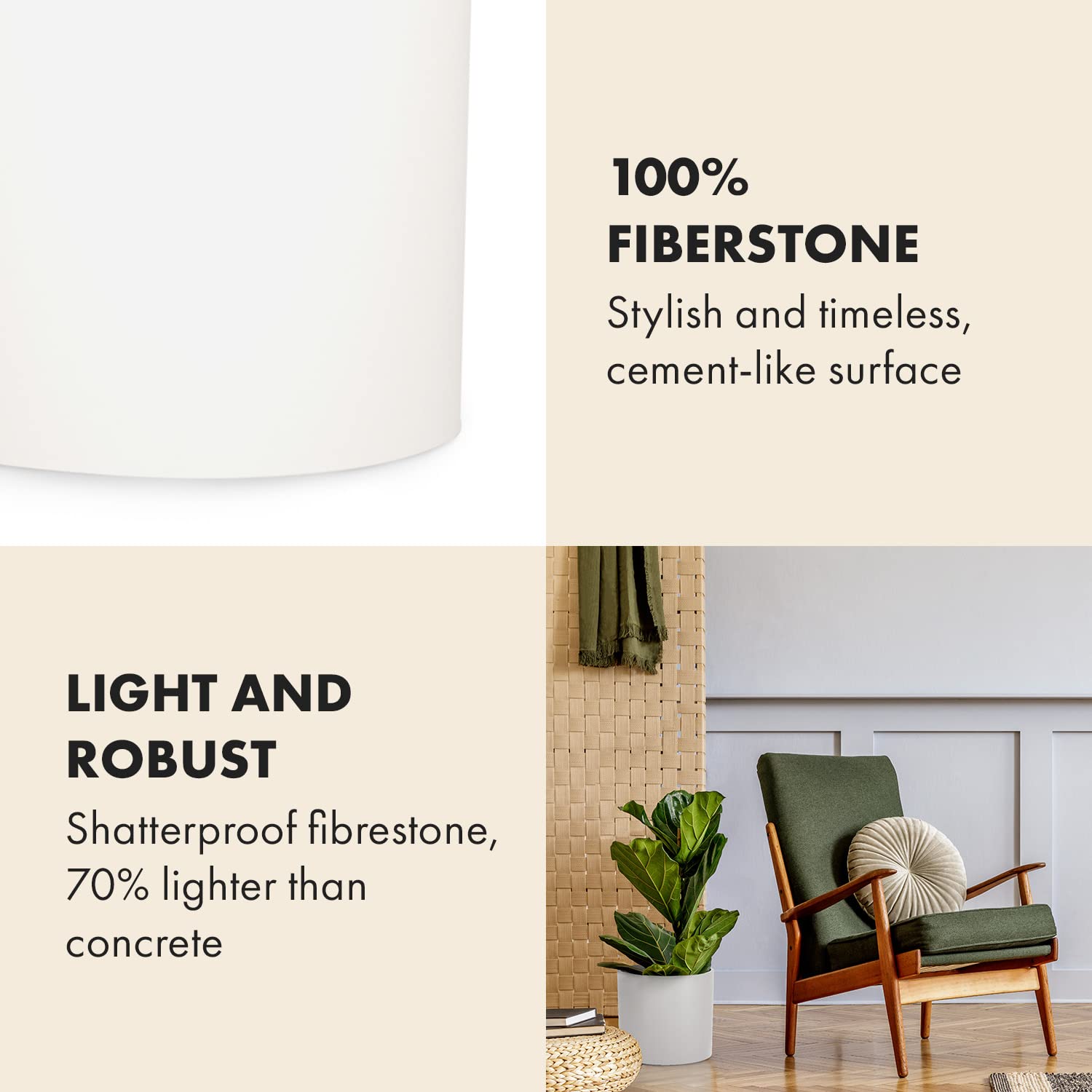 Fox & Fern Plant Pot, Large Plant Pots for Indoor & Outdoor, UV & Frost Resistant Plant Vase with Drainage Plug, Fiberstone, Large Indoor Pots for