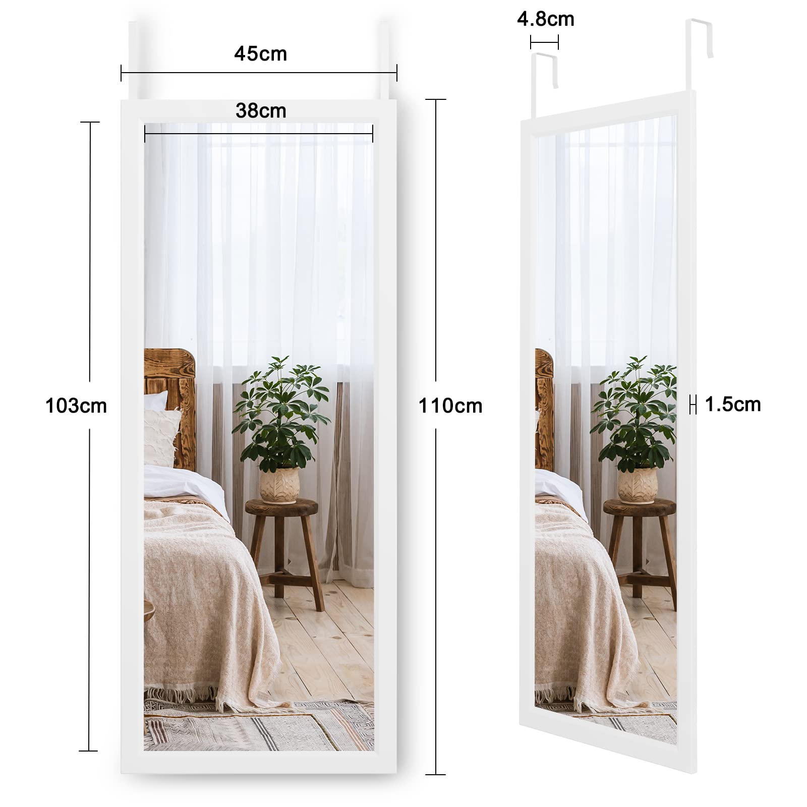 Dripex Over Door Mirror Full Length, 110 x 45cm Wall Mounted Mirror Door Hung Mirror for Bathroom/Bedroom/Wardrobe - Toughened Glass, White