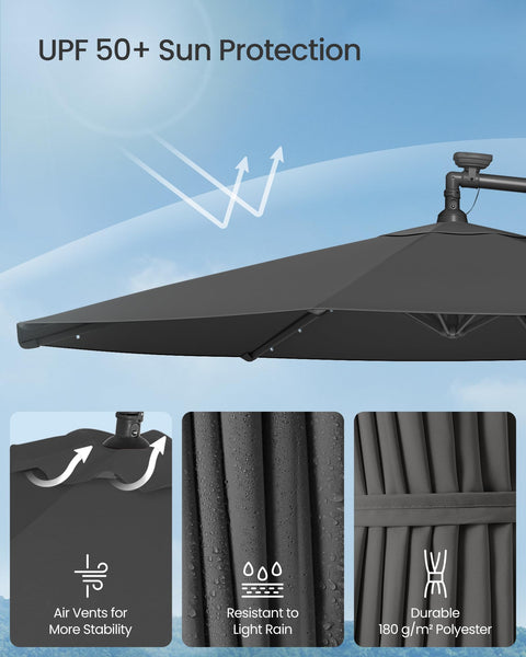 SONGMICS Cantilever Garden Parasol with Solar-Powered LED Lights, 3 m Banana Patio Umbrella with Base, Crank for Opening Closing, Sunshade with Protection UPF 50+, Beige GPU118M01