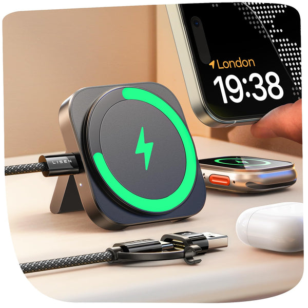 LISEN Travel Magsafe Wireless Charger for iPhone 16 Apple Watch, Mag Safecharger Charging Station Pad Portable Magnetic Charger Stand Dock Desk Accessories for iPhone 16 Pro Max 15 13 12 14 Pro iWatch