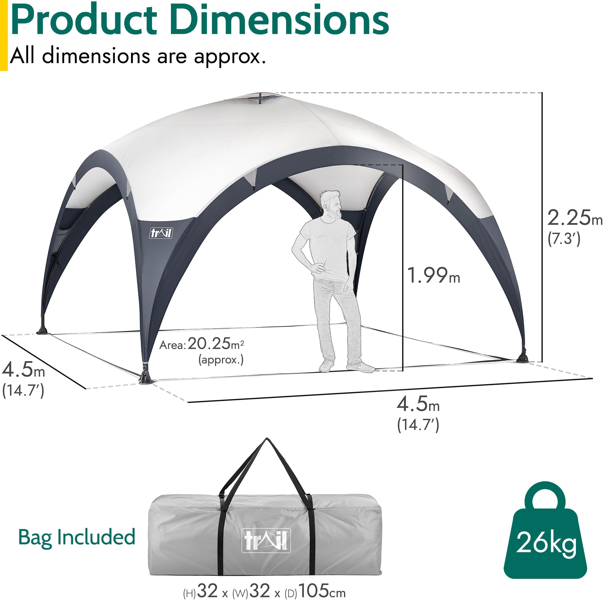 Trail Dome Gazebo with Sides, Portable Steel Pole Shelter, Outdoor Event Camping Garden, 4 Walls, 2 with Doors & Windows, UPF50+ Sun Protection, 4000mm Waterproof, Vent, Bag (3.5m x 3.5m x 2.25m)