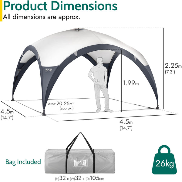 Trail Dome Gazebo with Sides, Portable Steel Pole Shelter, Outdoor Event Camping Garden, 4 Walls, 2 with Doors & Windows, UPF50+ Sun Protection, 4000mm Waterproof, Vent, Bag (3.5m x 3.5m x 2.25m)