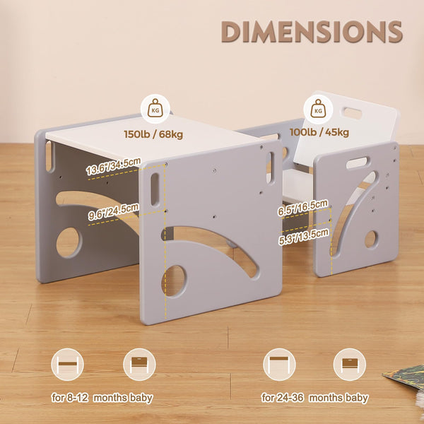 FUNLIO Montessori Weaning Table and Chair Set for Toddlers Age 1-3, Height Adjustable Toddler Table and Chair Set, Cube Kids Table Chair for