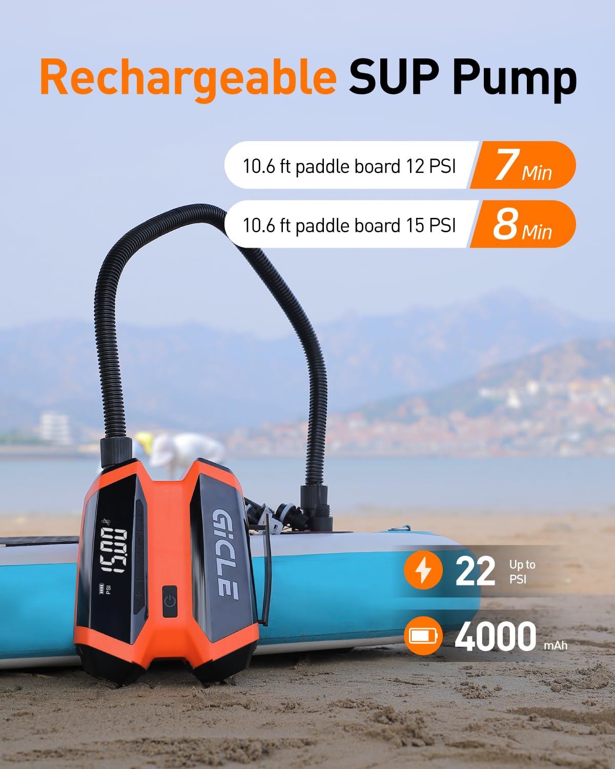 GICLE 22PSI SUP Pump Rechargeable, Electric Paddleboard Pump, Fast Inflation & Deflation, Removable Multifunctional Battery, Support DC 12V Input Work