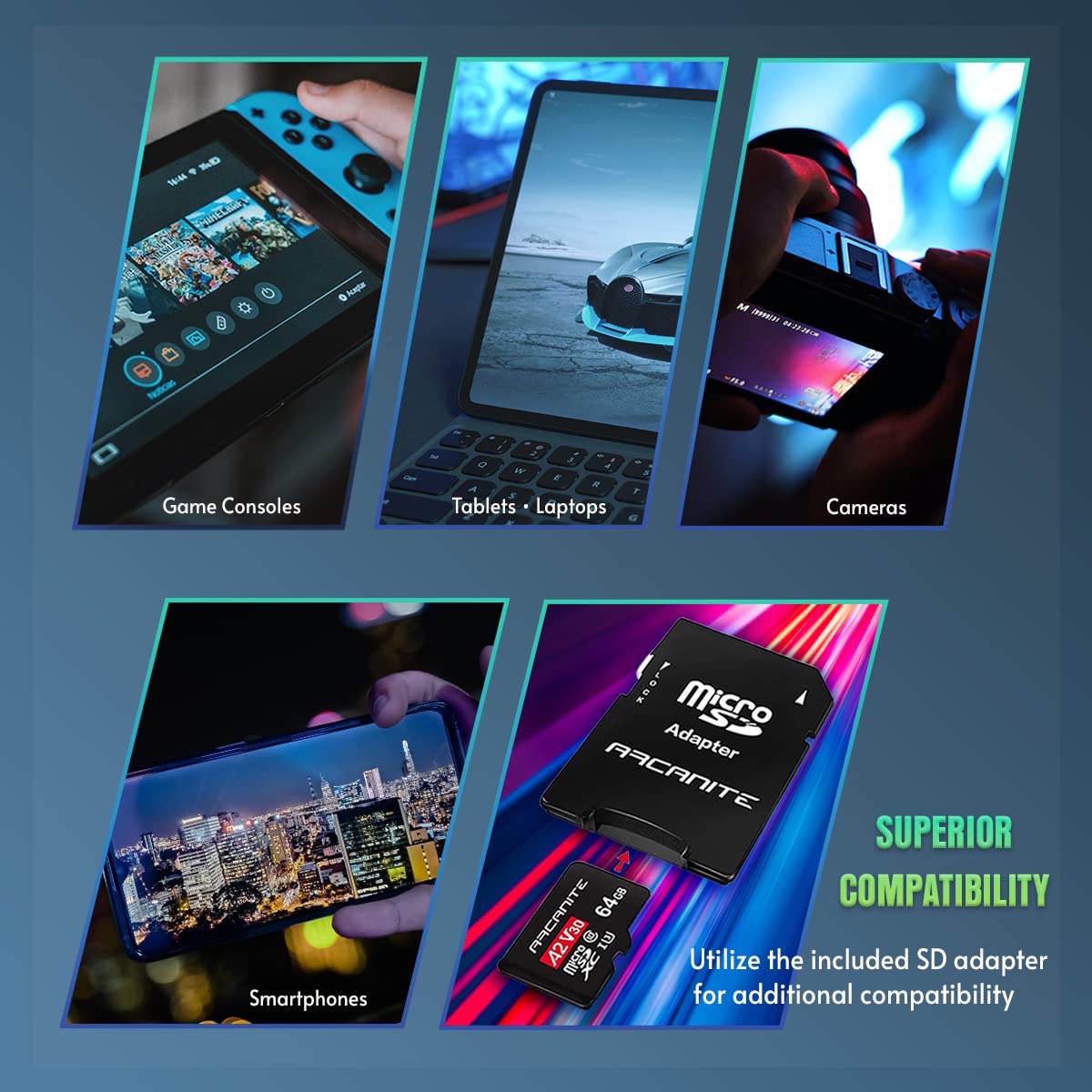 ARCANITE 64GB microSDXC Memory Card with Adapter - A1, UHS-I U3, V30, 4K, C10, Micro SD, Optimal read speeds up to 90 MB/s