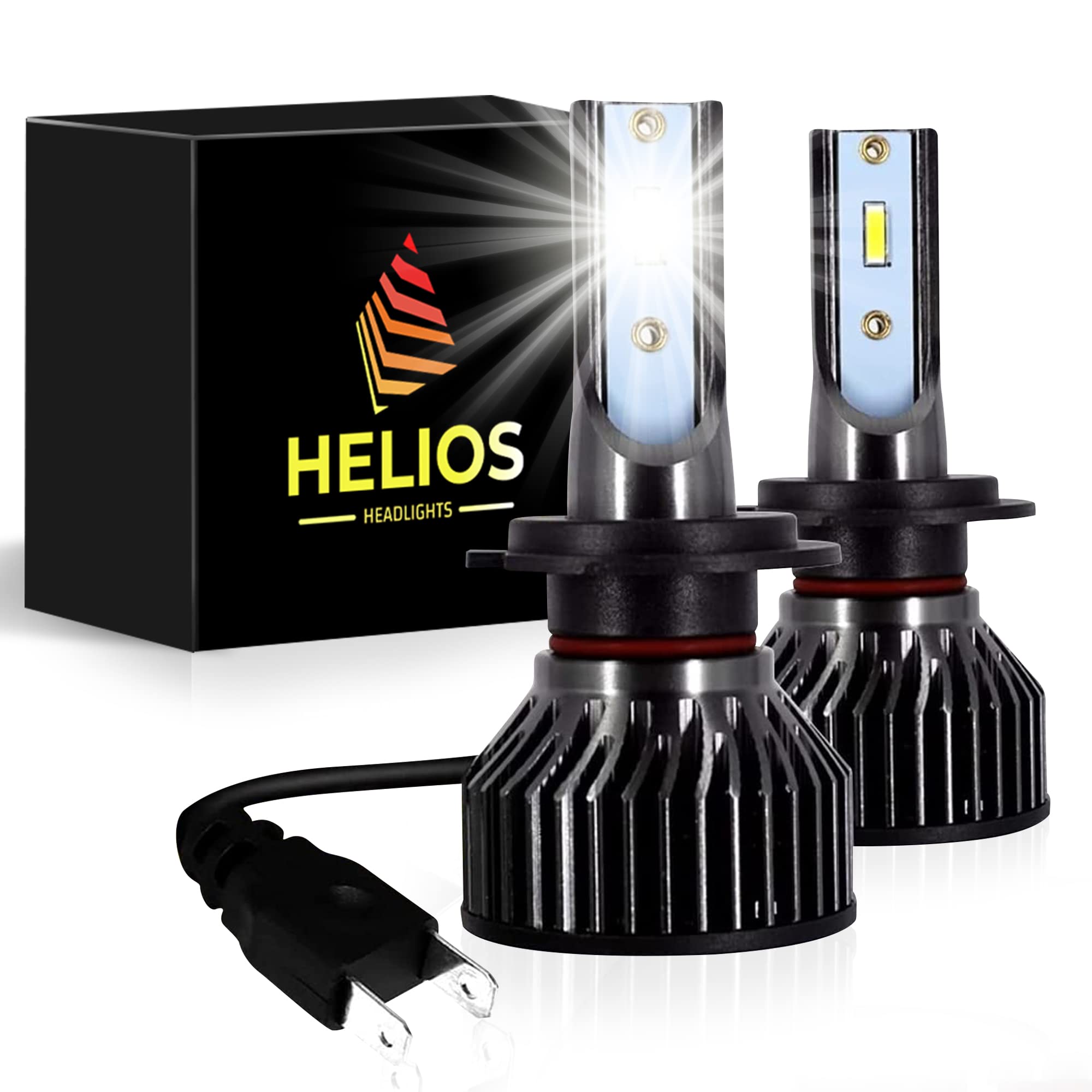 HELIOS H4 / HB2 Headlight Bulbs Led 18000 LM Super Bright Fan Cooling All In One Cool White Conversion Kit Hi/Lo (DC 9-30V) 6000K (36W x2) 30,000Hours over 200% Brighter, Braided Cable