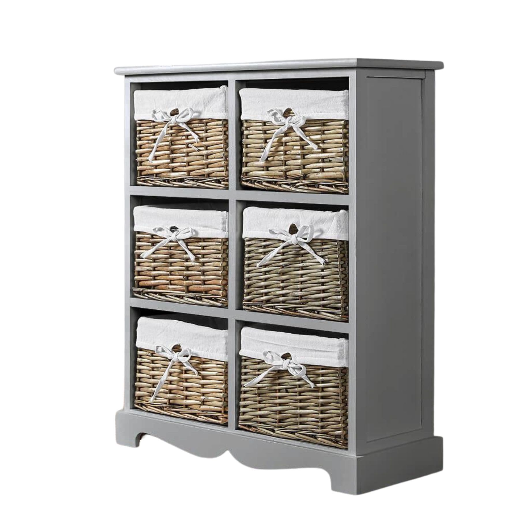 Home Source Bedroom Wooden Storage Unit, Woven Willow Wicker Baskets, 6 Drawer Wide Cabinet Chest, Grey