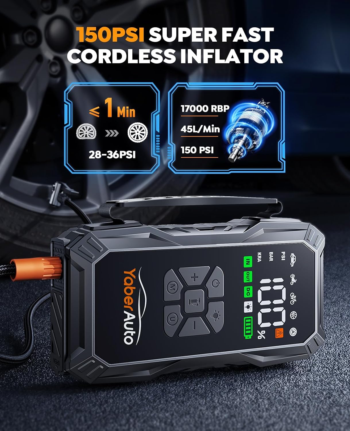 Jump Starter Power Pack with Air Compressor, YaberAuto 6000A Portable Car Battery Booster (All Petrol/10L Diesel), 12V Car Jump Starter Power Bank with Jump Leads, LCD Screen, Emergency Light