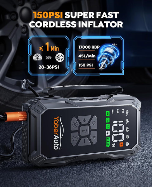 Jump Starter Power Pack with Air Compressor, YaberAuto 6000A Portable Car Battery Booster (All Petrol/10L Diesel), 12V Car Jump Starter Power Bank with Jump Leads, LCD Screen, Emergency Light