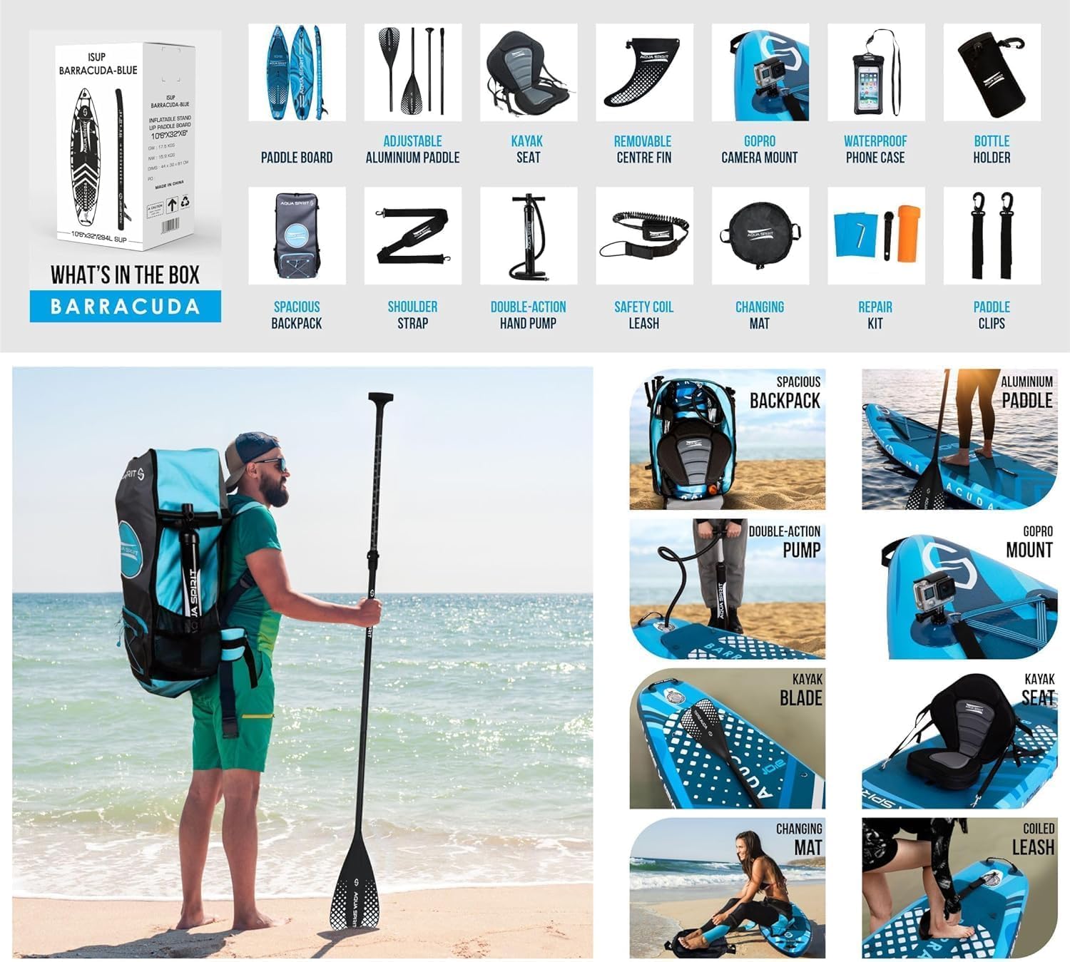 Aqua Spirit Barracuda ISUP/Kayak Inflatable Stand Up Paddle Board 2025 | 10'6x32”x6” | Complete Conversion Kit with Paddle, Backpack and more accessories | Adult Beginner/Expert