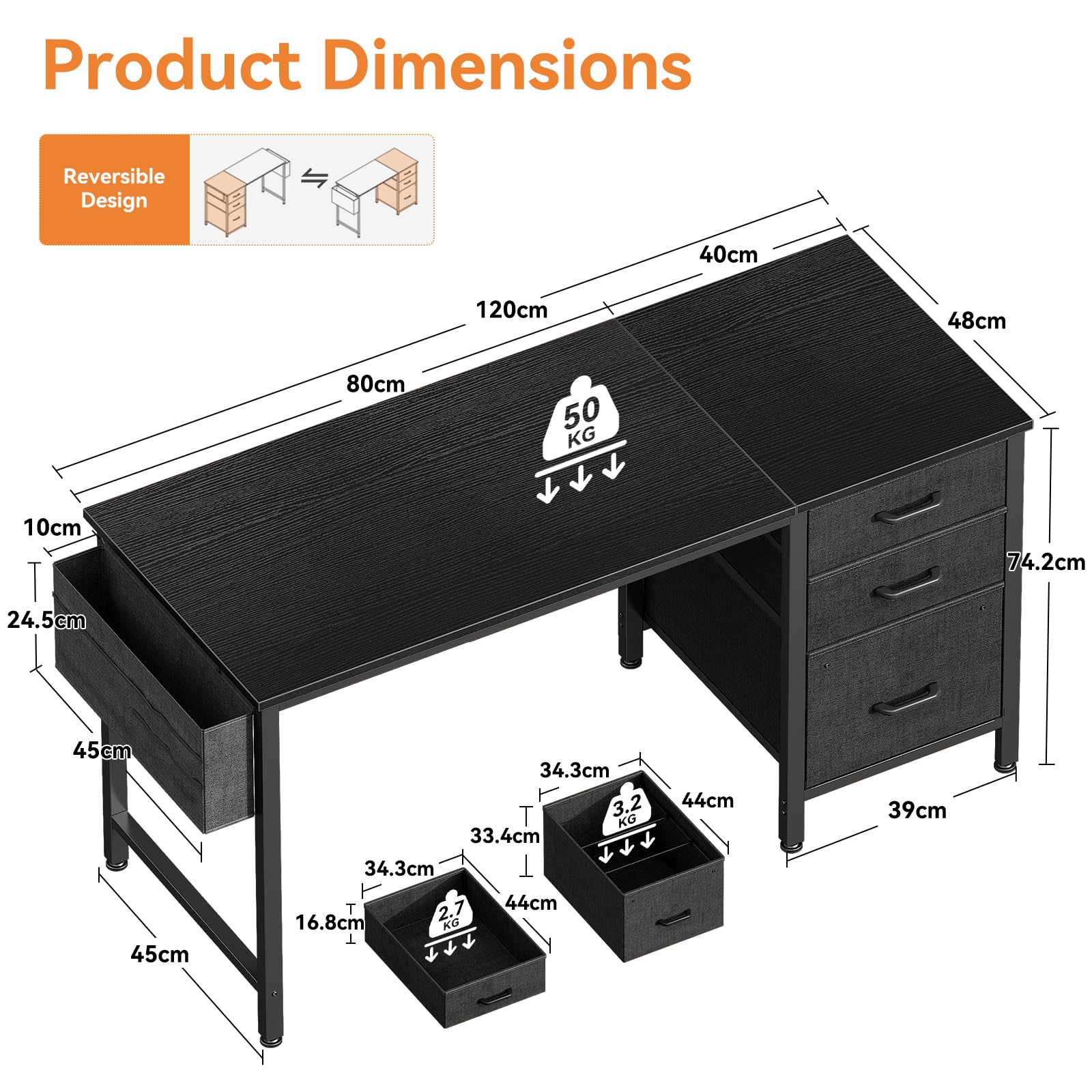 Coleshome Computer Desk with Drawers, 120×48cm Office Desk with Storage, Reversible Small White Desks for Home Office