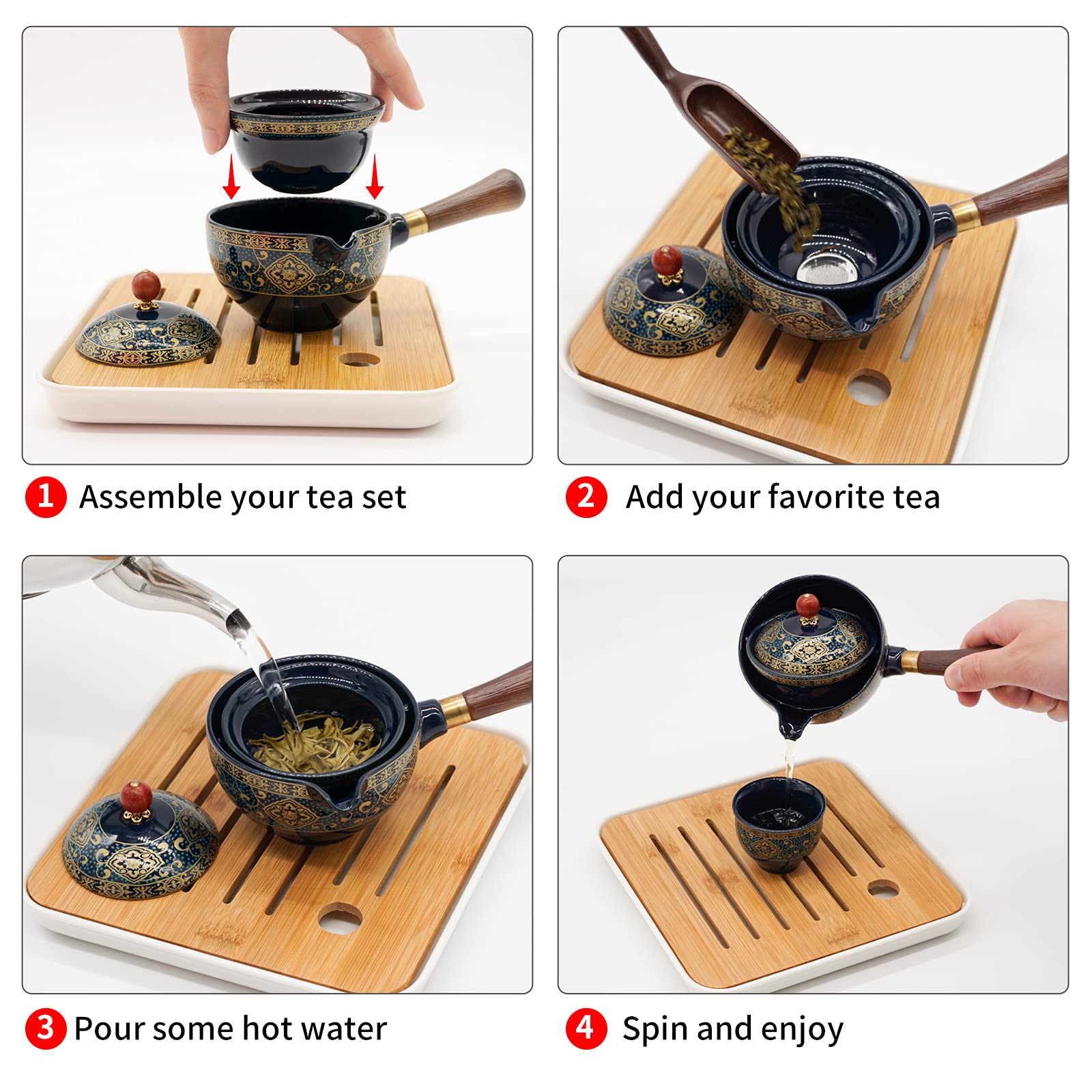 LURRIER Porcelain Chinese Gongfu Tea Set,Portable Teapot Set with 360 Rotation Tea Maker and Infuser,Portable All in One Gift Bag for