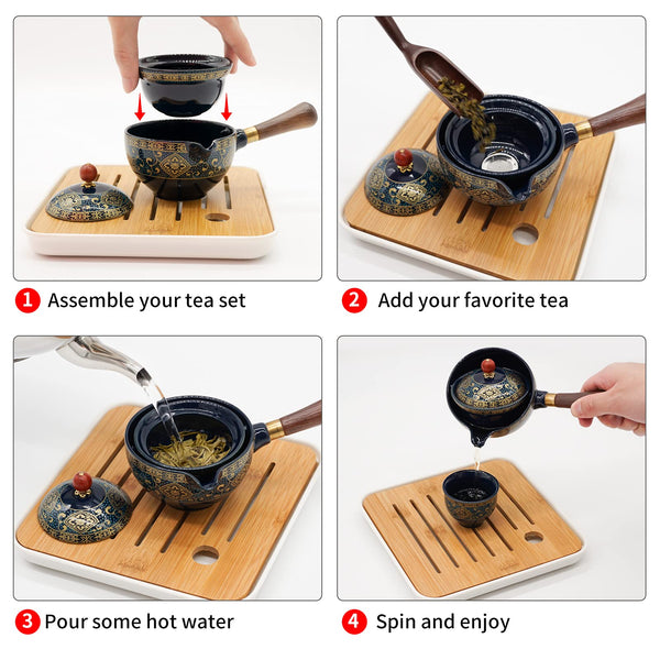 LURRIER Porcelain Chinese Gongfu Tea Set,Portable Teapot Set with 360 Rotation Tea Maker and Infuser,Portable All in One Gift Bag for