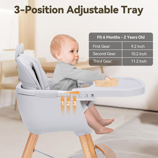 CoziBB 4 in 1 Highchair with Cat Ear, Removable 3-Position Tray, 5-Point Safety Belt Convertible Multifunctional High Chair with Removable Legs, Wooden Feeding Chair for Baby Infant Toddler (6 M-2 Y)