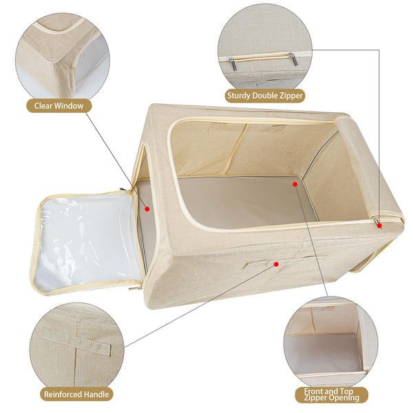 55L Clothes Storage Bag, Collapsible Storage Box, Stackable Metal FrameThick Oxford cloth Protect from Moisture Dust Handle Double Opening Zipper for