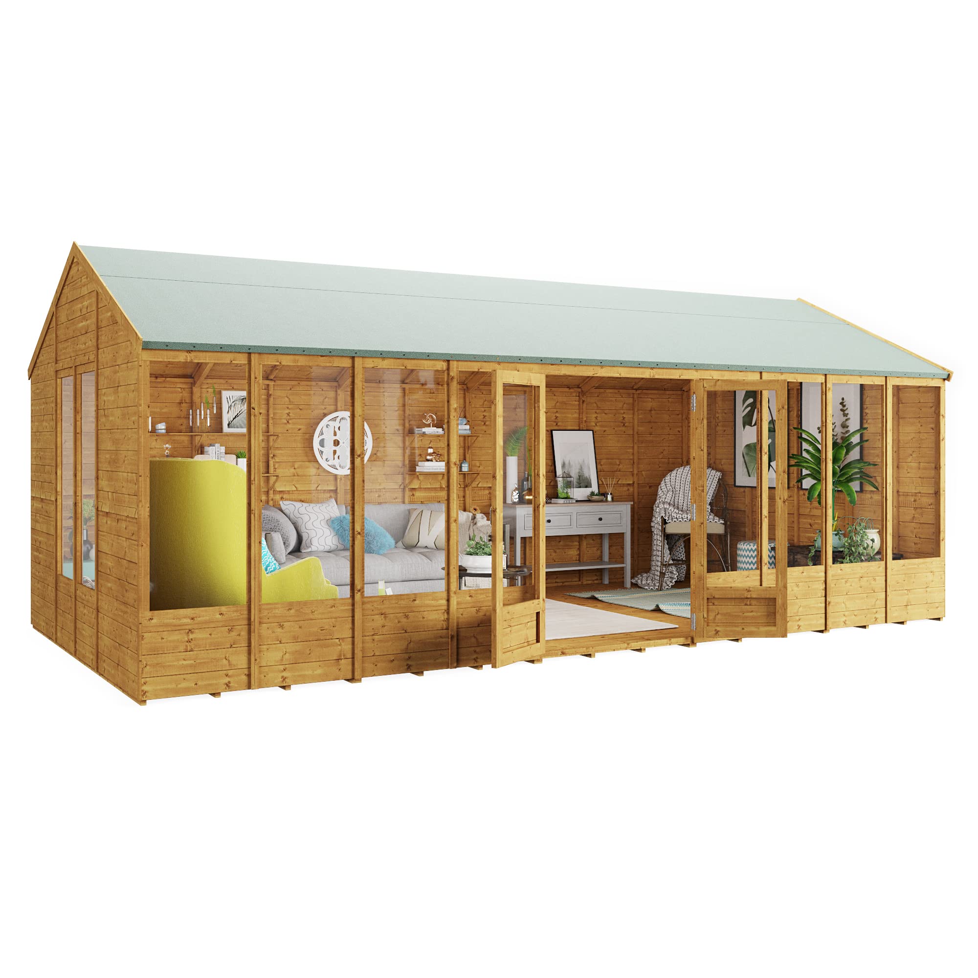 BillyOh Petra 12x10 Reverse Apex Summer House Shed, Log Cabin | Wooden Garden Room with Wide Double Doors, Tear Resistant Felt, Tongue and Groove Construction | Versatile Tiny Home or Garden Office