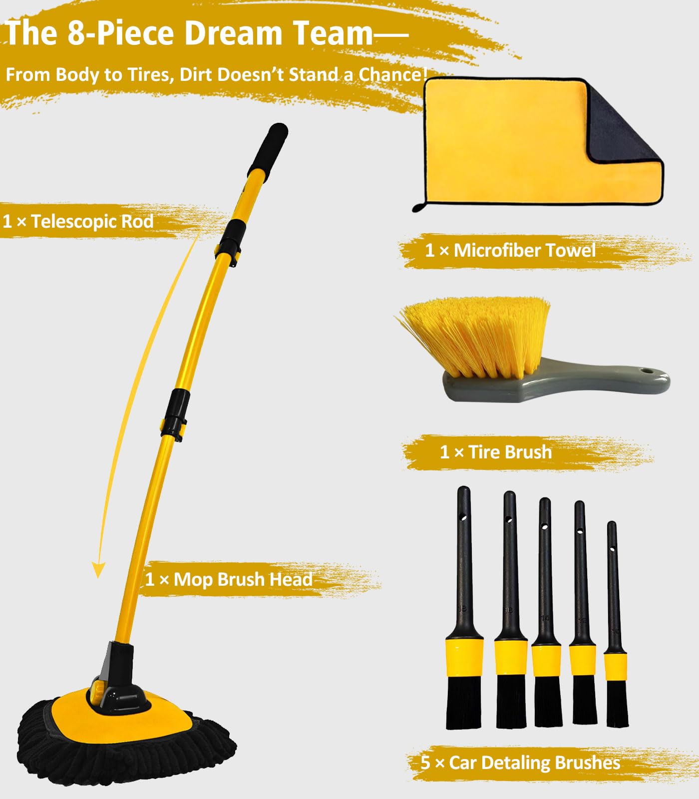 YeewayVeh Car Wash Brush, 43" Extendable Car Wash Brush Mop with Long Handle, 15 Degree Curved Soft Car Cleaning Brush kit with Extra Microfiber Brush Head for Truck SUV Cleaning, Orange