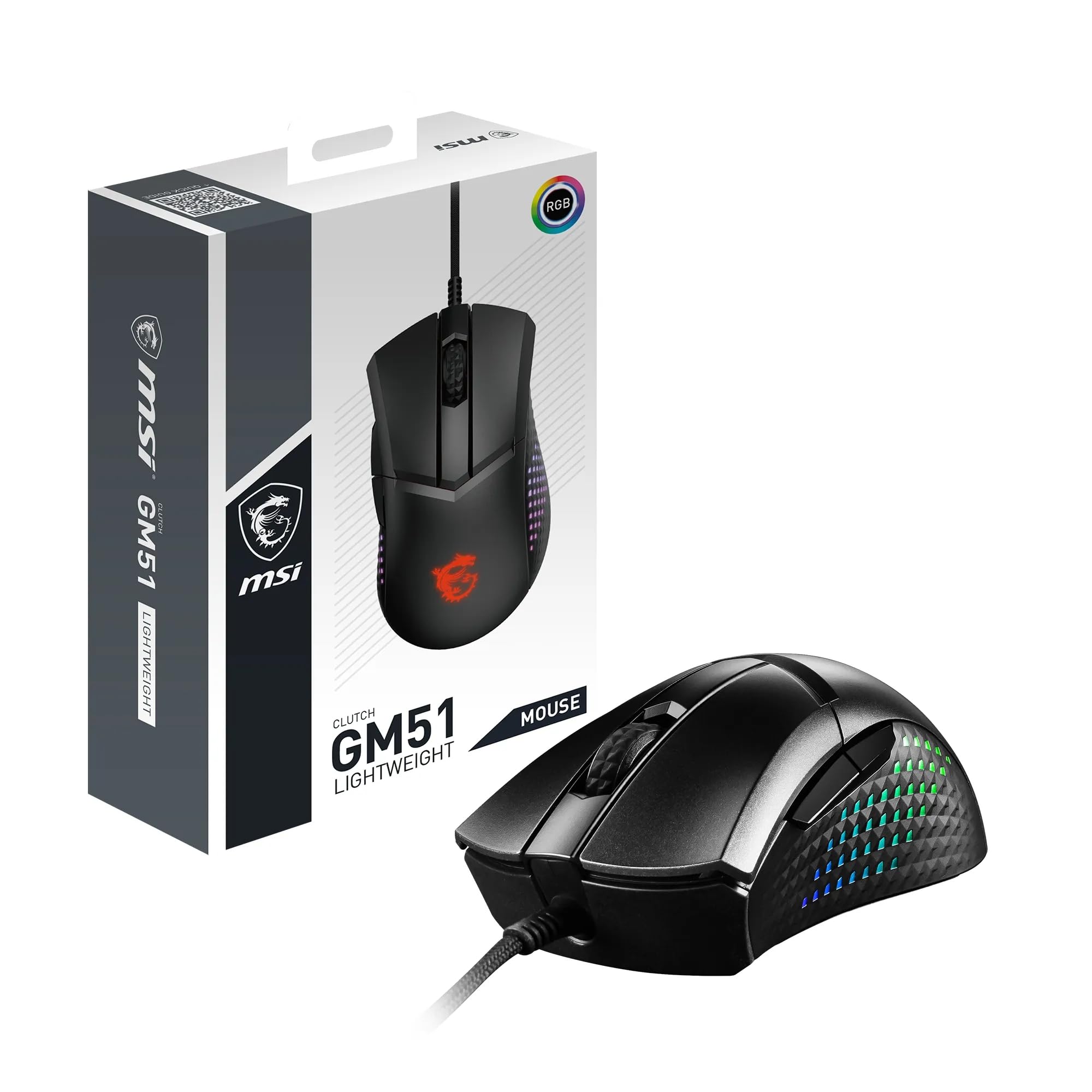 MSI CLUTCH GM51 LIGHTWEIGHT Gaming Mouse - 26000 DPI Optical Sensor, Elite 0.125ms Latency, 60M+ Click OMRON Switches, 6-Buttons, FriXionFree Cable, RGB Diamond LightGrips, 75g - Wired