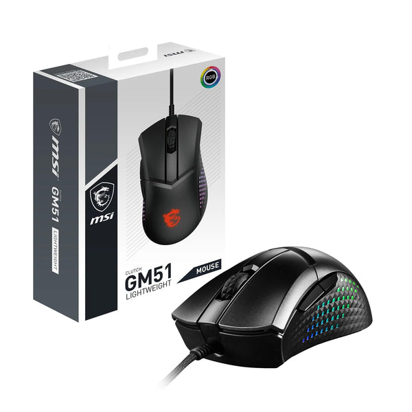 MSI CLUTCH GM51 LIGHTWEIGHT Gaming Mouse - 26000 DPI Optical Sensor, Elite 0.125ms Latency, 60M+ Click OMRON Switches, 6-Buttons, FriXionFree Cable, RGB Diamond LightGrips, 75g - Wired