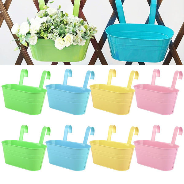 APACALI 8 Pack Hanging Plant Pot, 27cm Balcony Planters for Railing, Over Fence Planters with Detachable Hooks, Hanging Planters Outdoor, Hanging