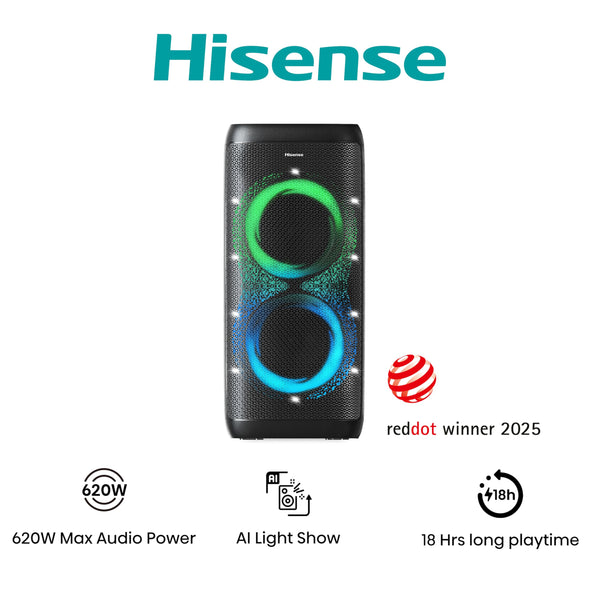 Hisense PARTY STORM, 300W Max Audio Power,15 Hrs long playtime,Karaoke Mode,Lighting effects, Wireless charge the phone, IPX4 Waterproof, Bluetooth 5.0